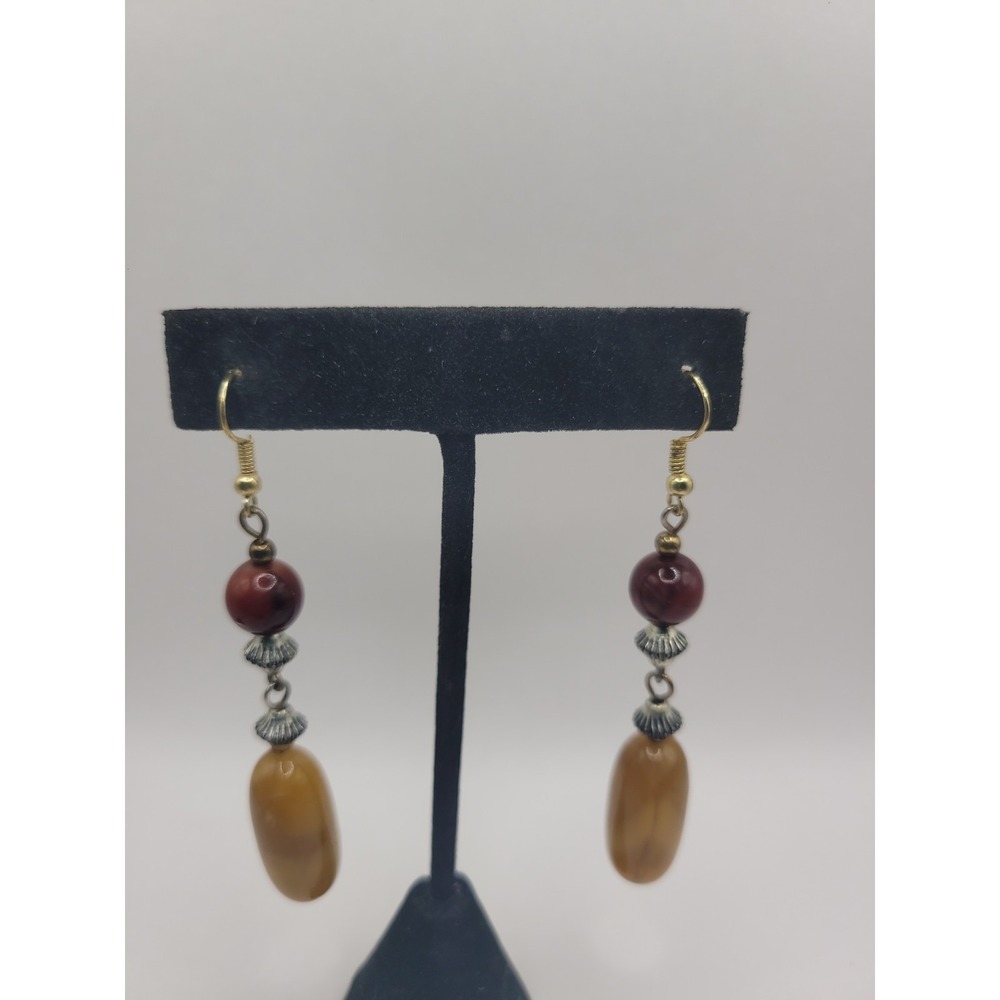 Golden Yellow Red Brown Beaded Dangle Earrings Silver Tone Accent Pierced